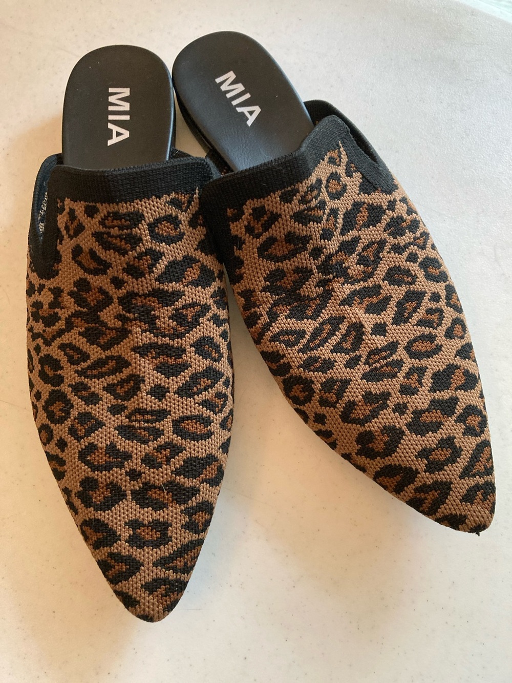 MIA Leopard Knit Pointed Toe Slip-On Mules in Brown and Black